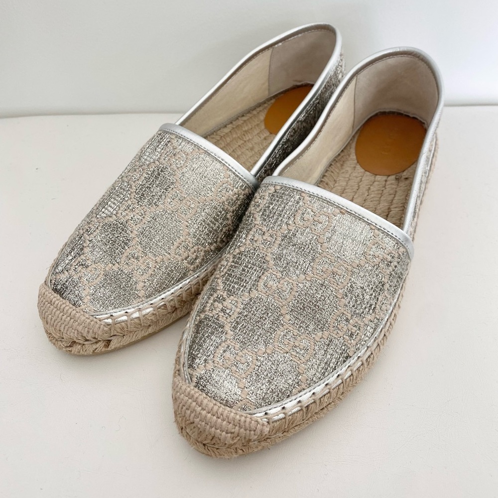 Gucci Heritage GG Silver Lurex Metallic Espadrilles